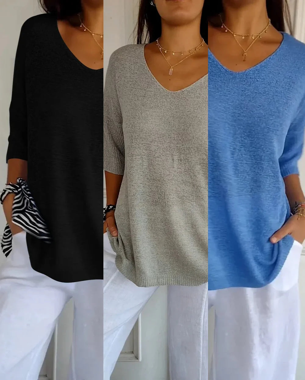 Kit 3 Blusas Malu® Malha Leve – Decote V Elegante