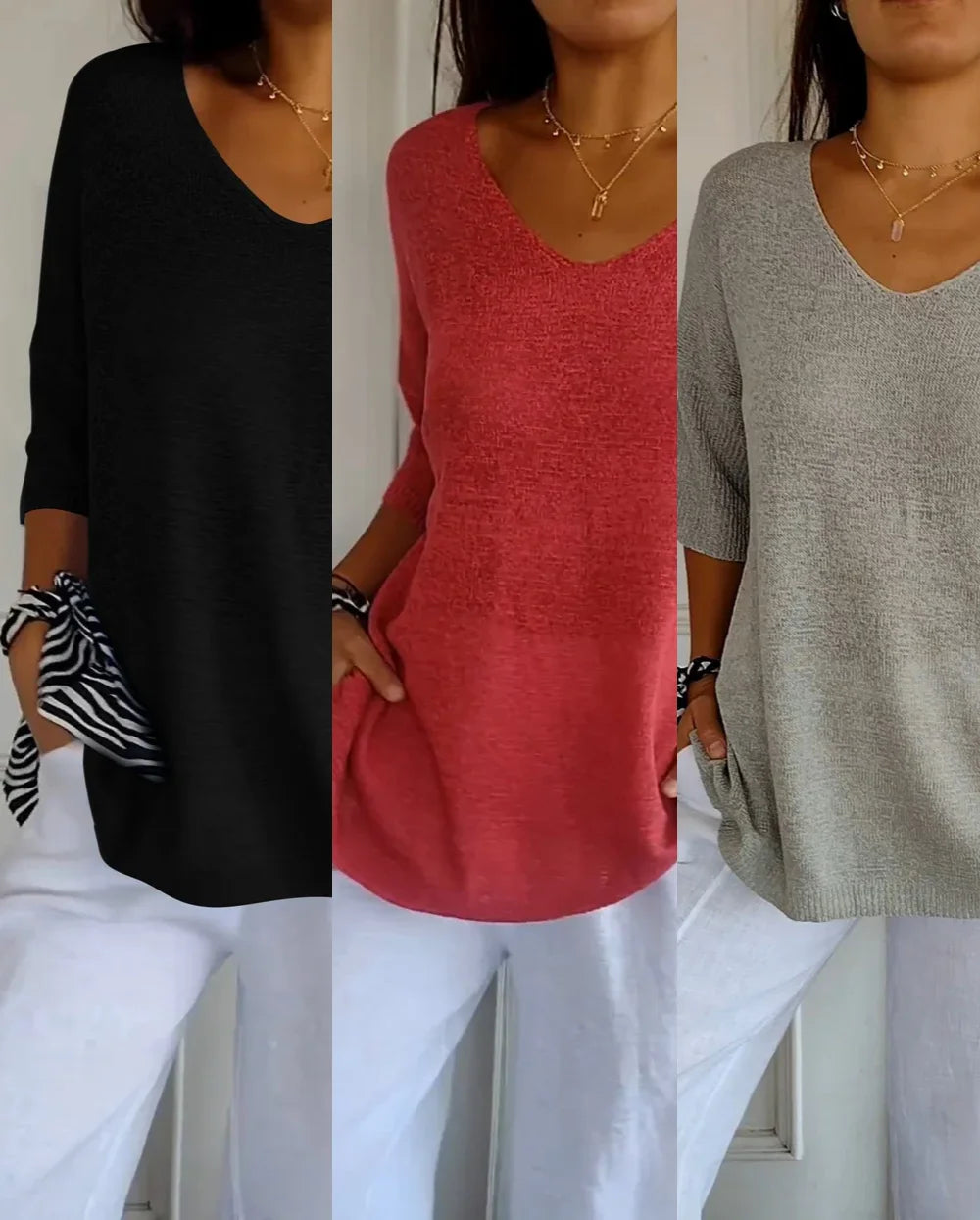 Kit 3 Blusas Malu® Malha Leve – Decote V Elegante