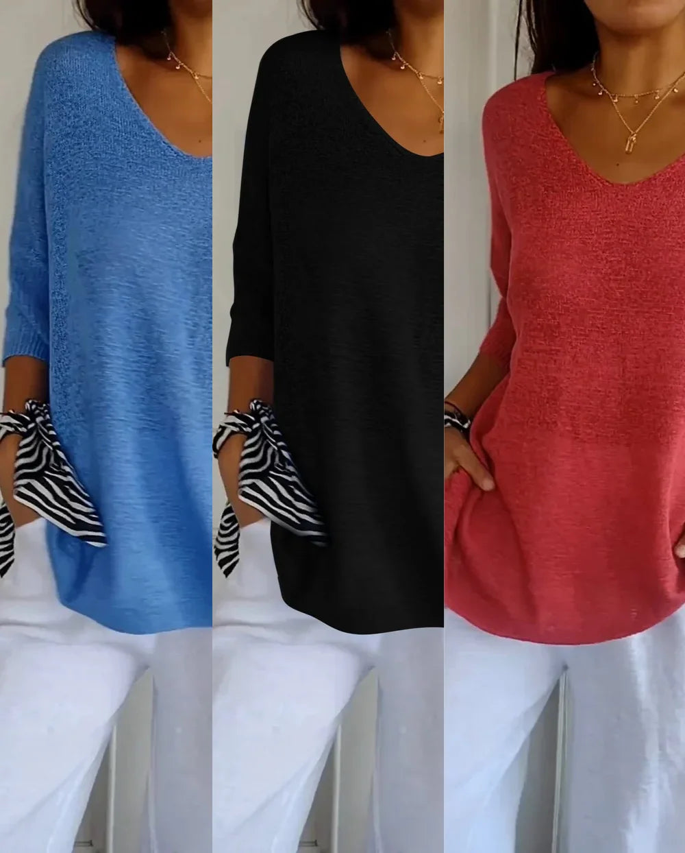 Kit 3 Blusas Malu® Malha Leve – Decote V Elegante