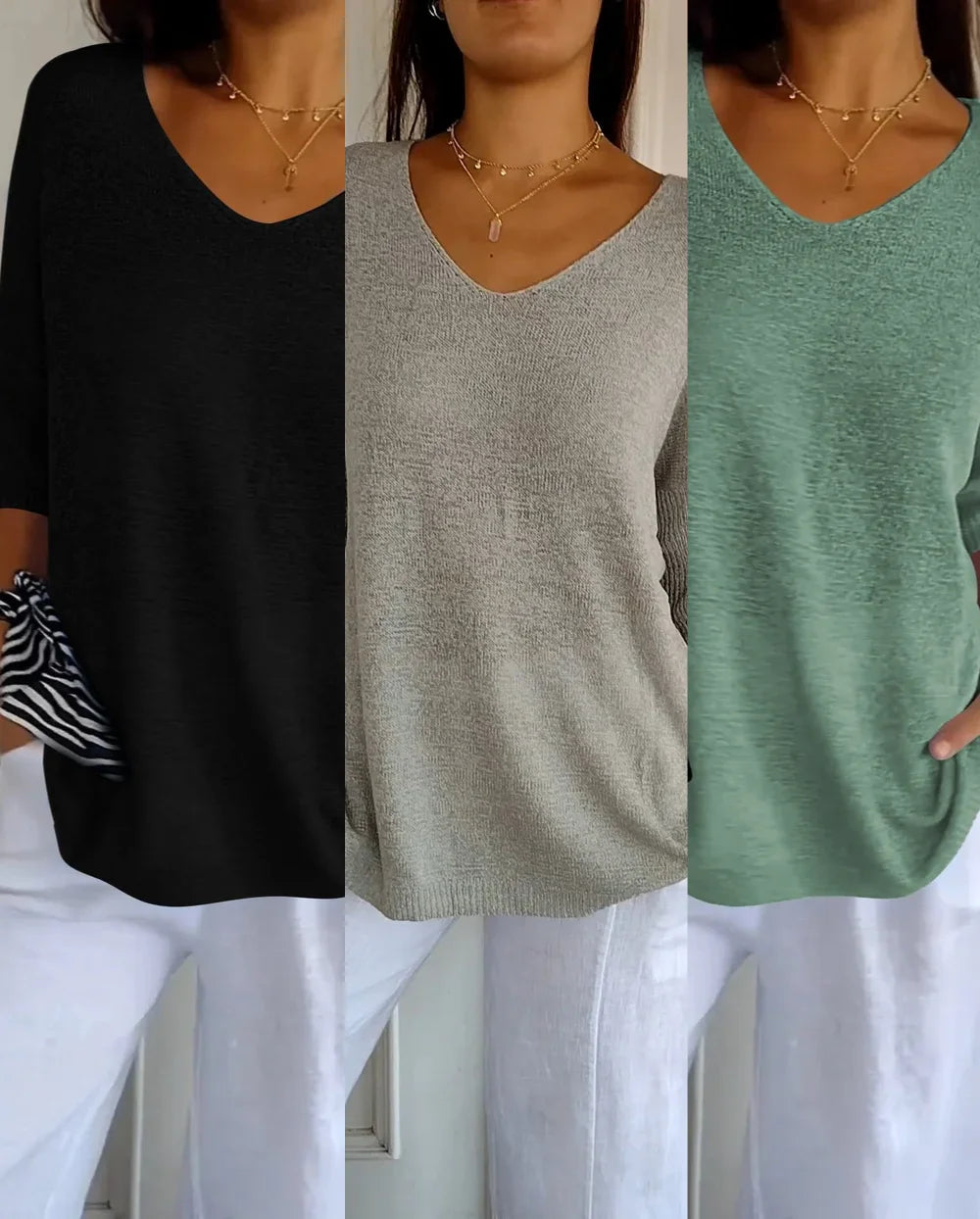 Kit 3 Blusas Malu® Malha Leve – Decote V Elegante