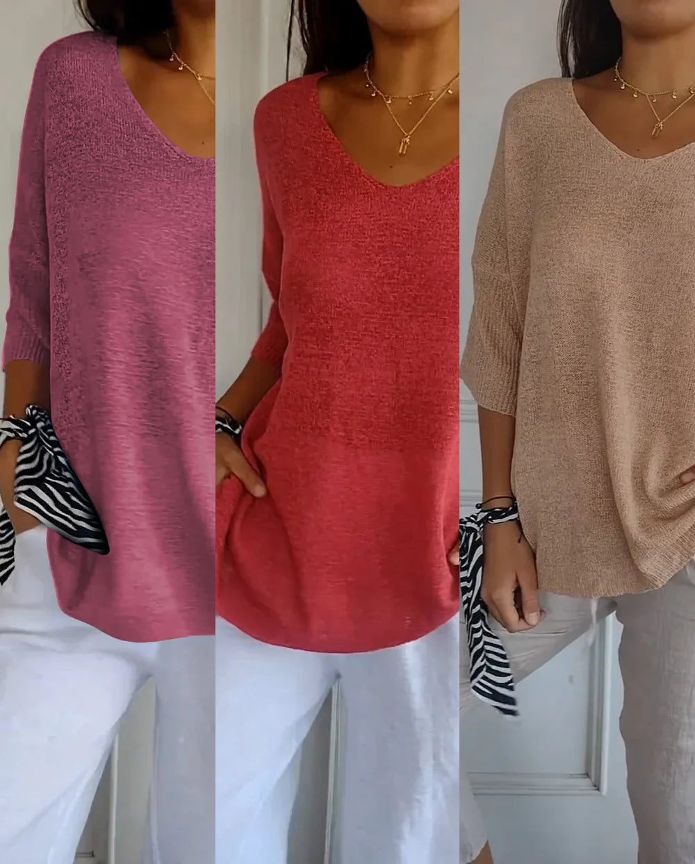 Kit 3 Blusas Malu® Malha Leve – Decote V Elegante