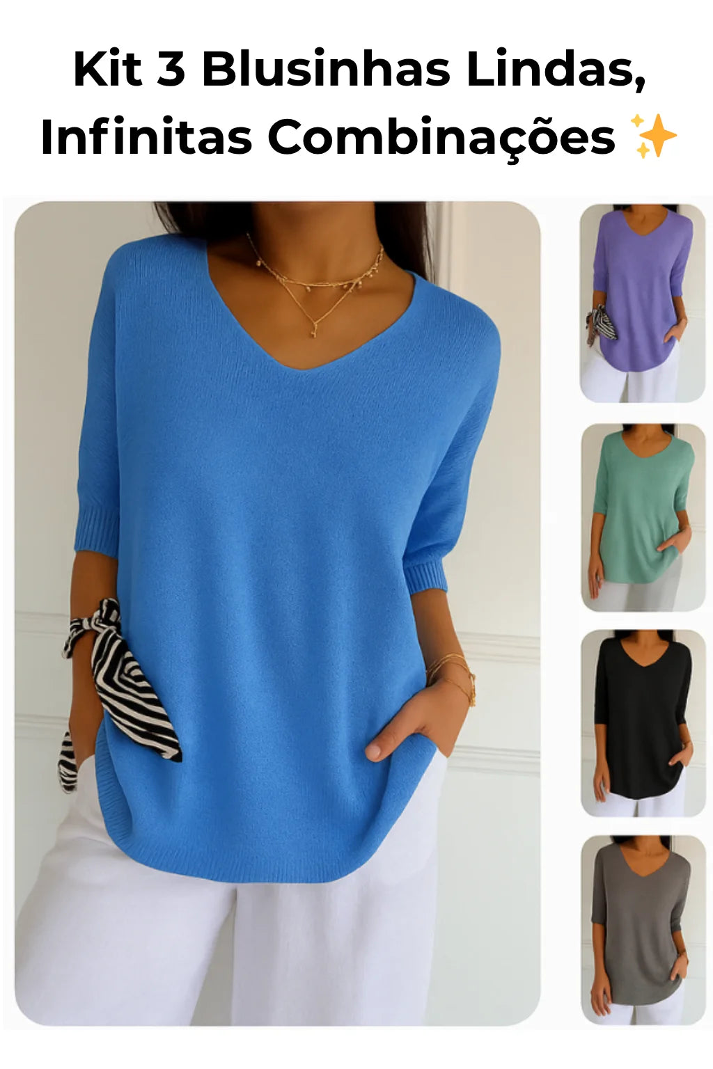 Kit 3 Blusas Malu® Malha Leve – Decote V Elegante